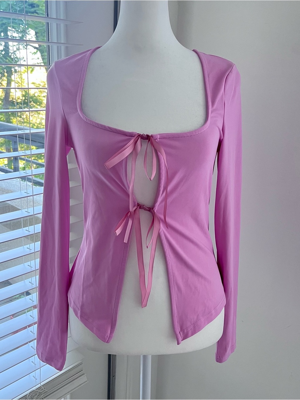 SHEIN Pink Long Sleeve Tie-Front Square Neck Top